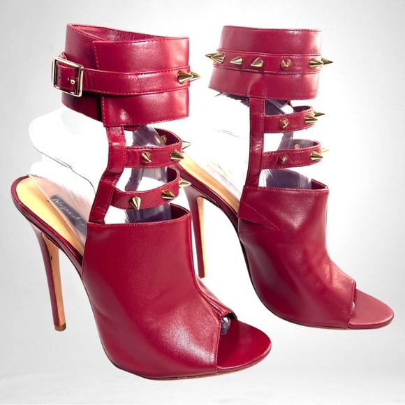 ALEJANDRA G Crimson Leather Studded Gladiator Stiletto Heels | Luxury Designer - Picture 7 of 11